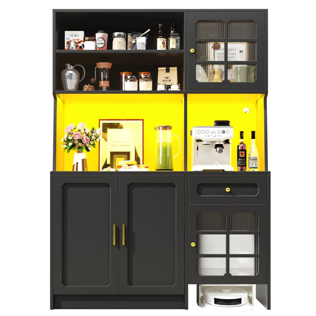 OKWISH Credenza da Cucina Alta con Ante in Vetro, Cassetti, Vani Aperti e LED, per Cucina, MDF, Nero, 130 x 45 x 180 cm