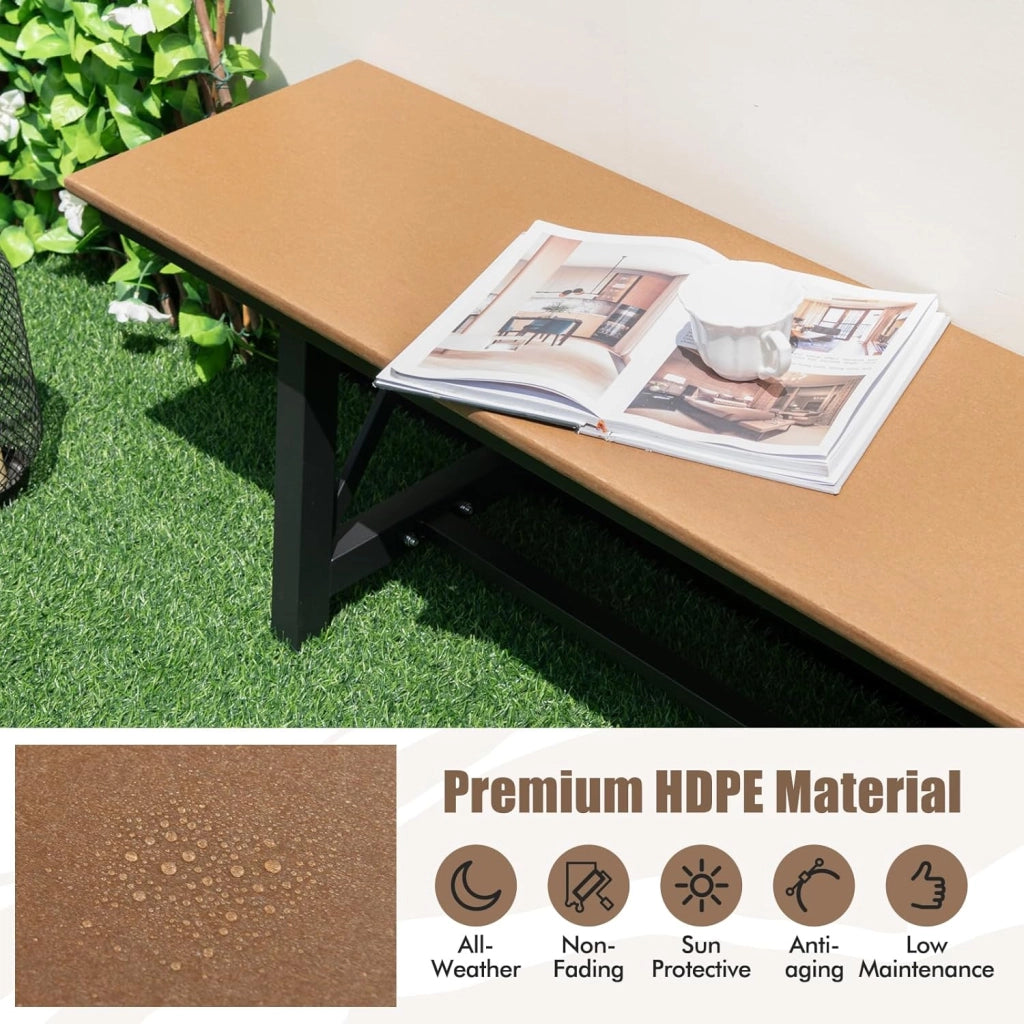 Panca da Giardino 3-4 Posti, Panchina da Esterno Portata 500 kg, Panchina da Giardino in HDPE e Metallo, per Cortile, Parco, Terrazzo, 183 x 35 x 41,5 cm, Marrone e Nero