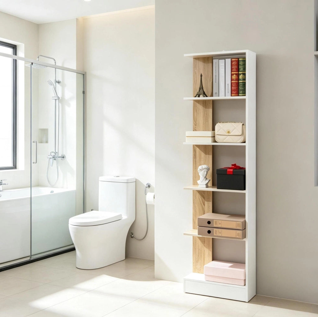 Libreria a 5 ripiani aperti in truciolare E1 bianco e rovere 45 x 21 x 170 cm
