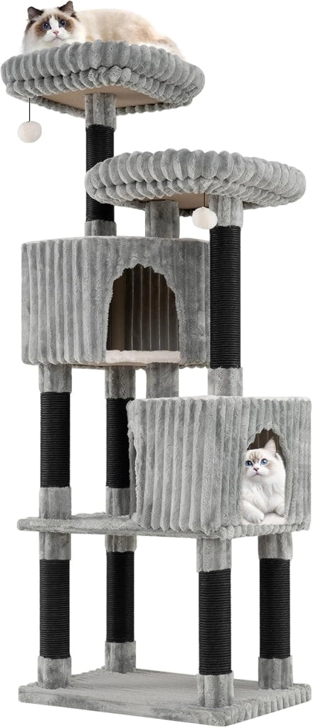 Albero per Gatti Alto 156 cm, Tiragraffi per Gatti con 2 Condo, 2 Letti a Ponte, Pali per Graffi, Palline Sonore Pendenti e Rivestimento Morbido in Flanella, Mobile per Gattini