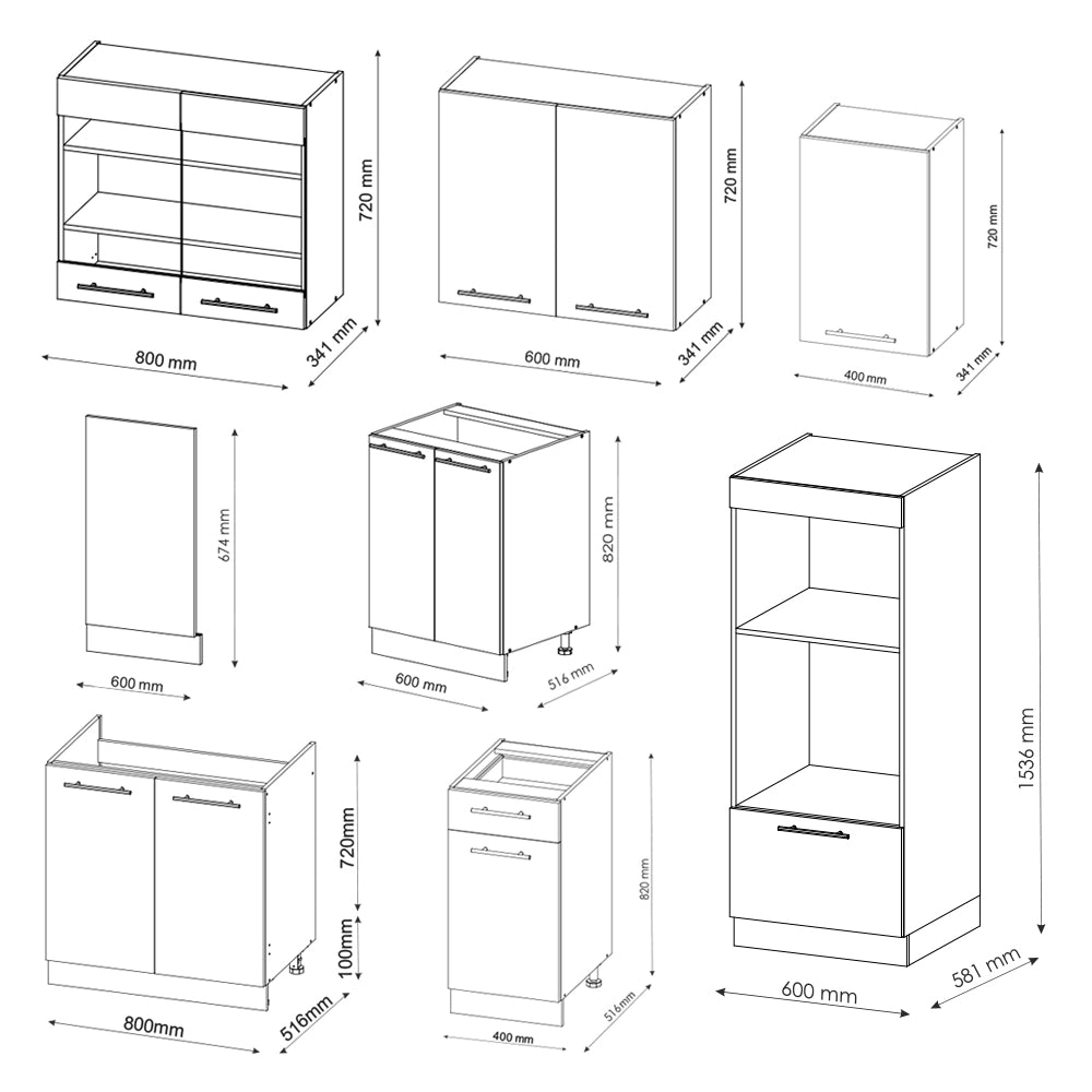 Cucina componibile Fame-Line Bianco lucido/Bianco 300 cm con armadio alto, PL Marmo Vicco