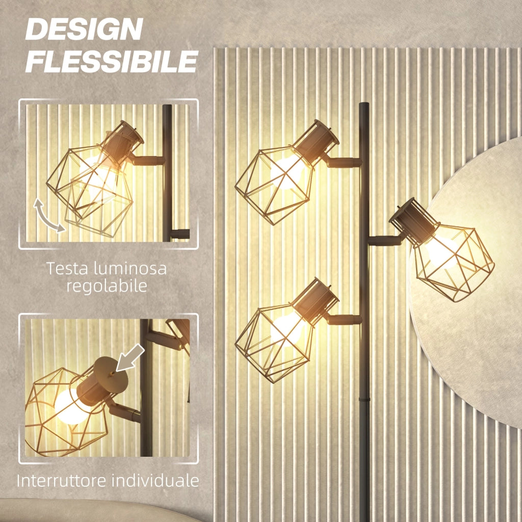 Lampada da Terra 3 Luci Orientabili 40W 41x28x169 cm in Metallo Nero