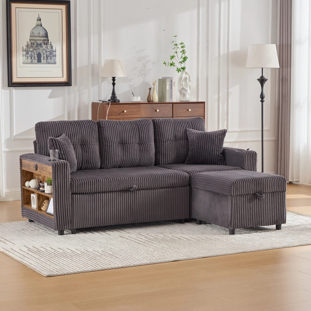 DIVANO letto estraibile 196 cm grigio scuro in corduroy con USB-C e LED