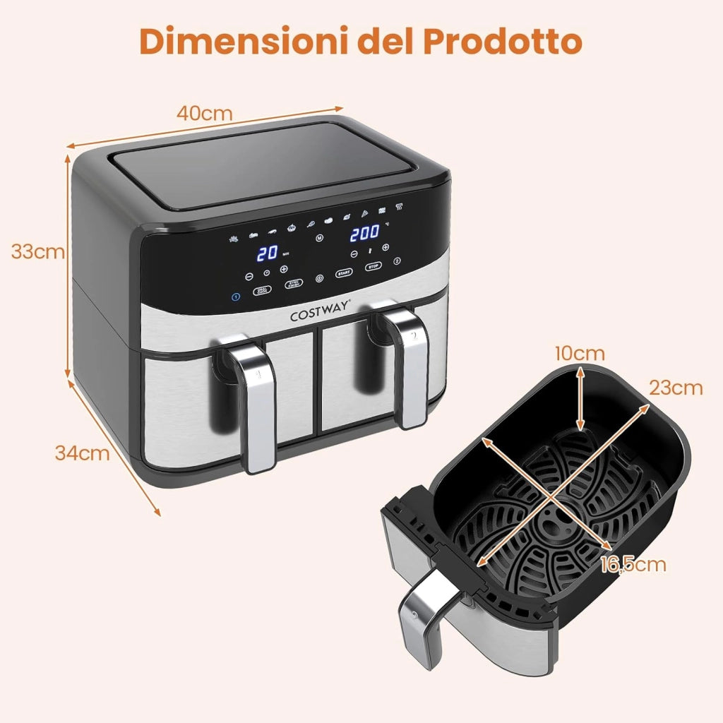 8L Friggitrice ad Aria, 2100W 10 in 1 Friggitrice a Doppio Cestello con Aria Calda a 360°, Timer, Touchscreen Digitale, 40-200℃, Lavabile in Lavastoviglie