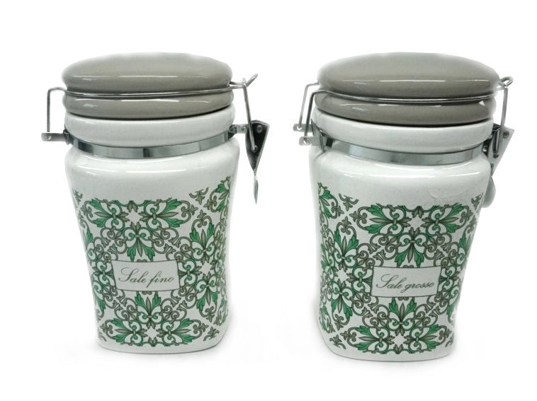 Set 2 Barattoli Contenitori da Cucina Sale Fino e Grosso in Ceramica Decoro Verde