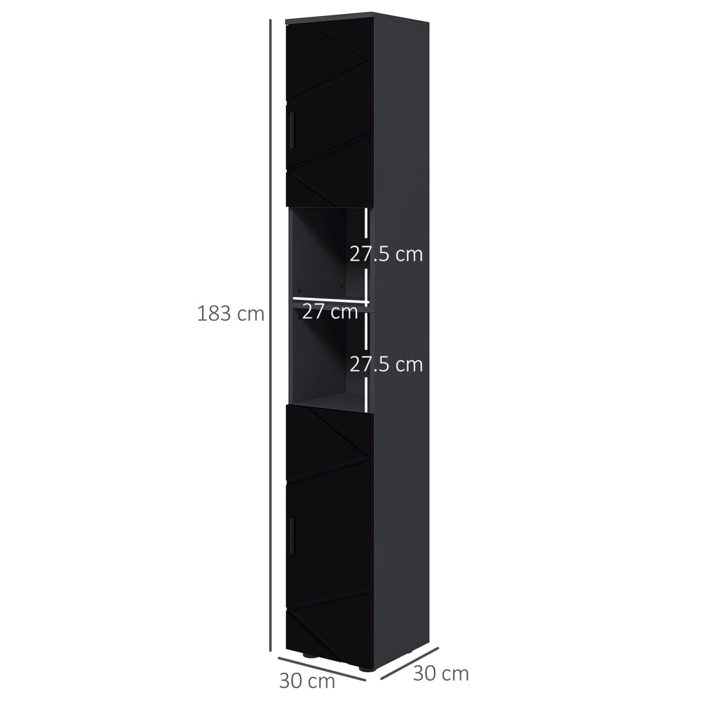 Colonna Bagno in Truciolato con 2 Ripiani Aperti e 2 Armadietti a 2 Livelli, 30x30x183 cm, Nero e Grigio