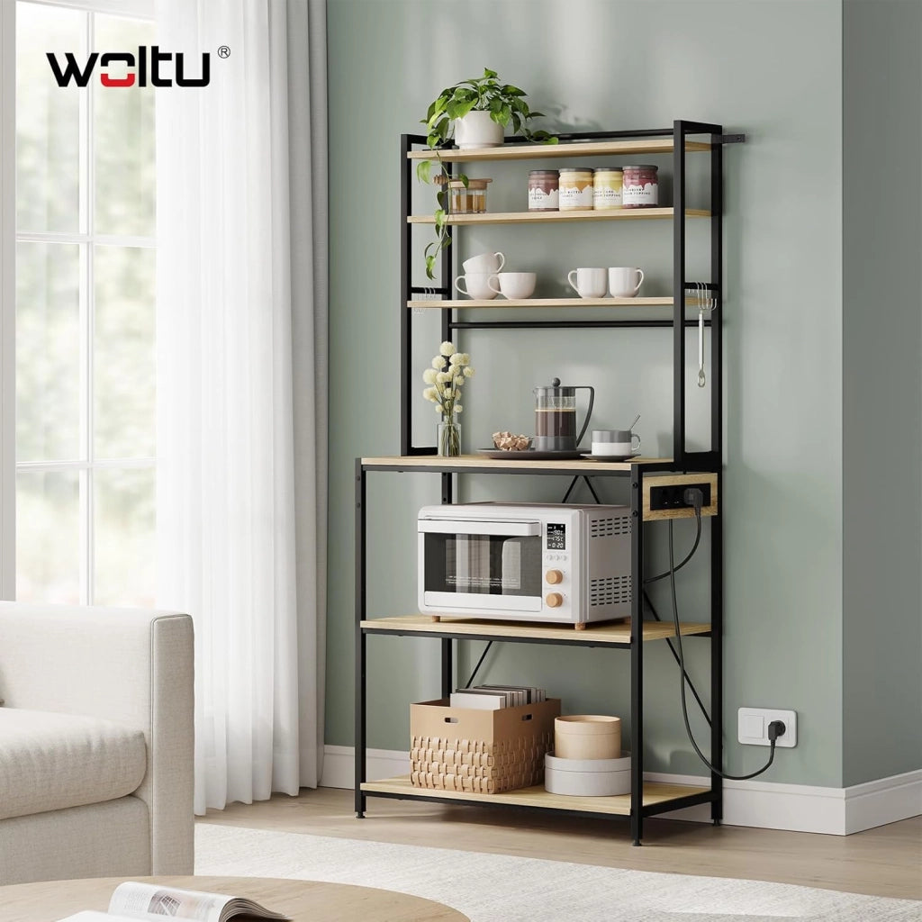 Scaffale da Cucina a 6 Livelli con Prese di Corrente, Scaffale per Microonde con Struttura in Metallo e Piano di Lavoro Aperto, Nero+Rovere Chiaro, 80x39,5x167cm