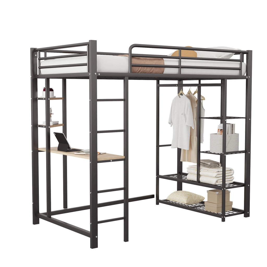 Letto a castello singolo nero con funzione di scrivania e contenitori in metallo 90x200 cm