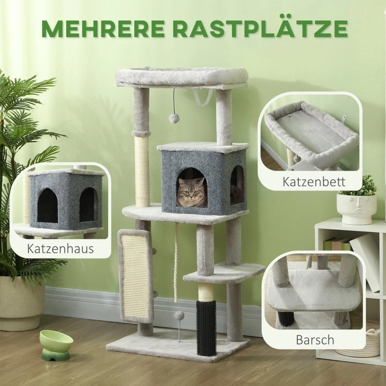 Tiragraffi per gatti con cuccia e lettino, 132 cm, grigio chiaro