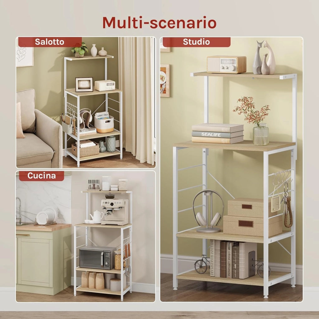 Scaffale per Cucina in Acciaio Legno 4 Ripiani Carrello per Microonde Scaffalature Organizzatore 60x40x123 cm