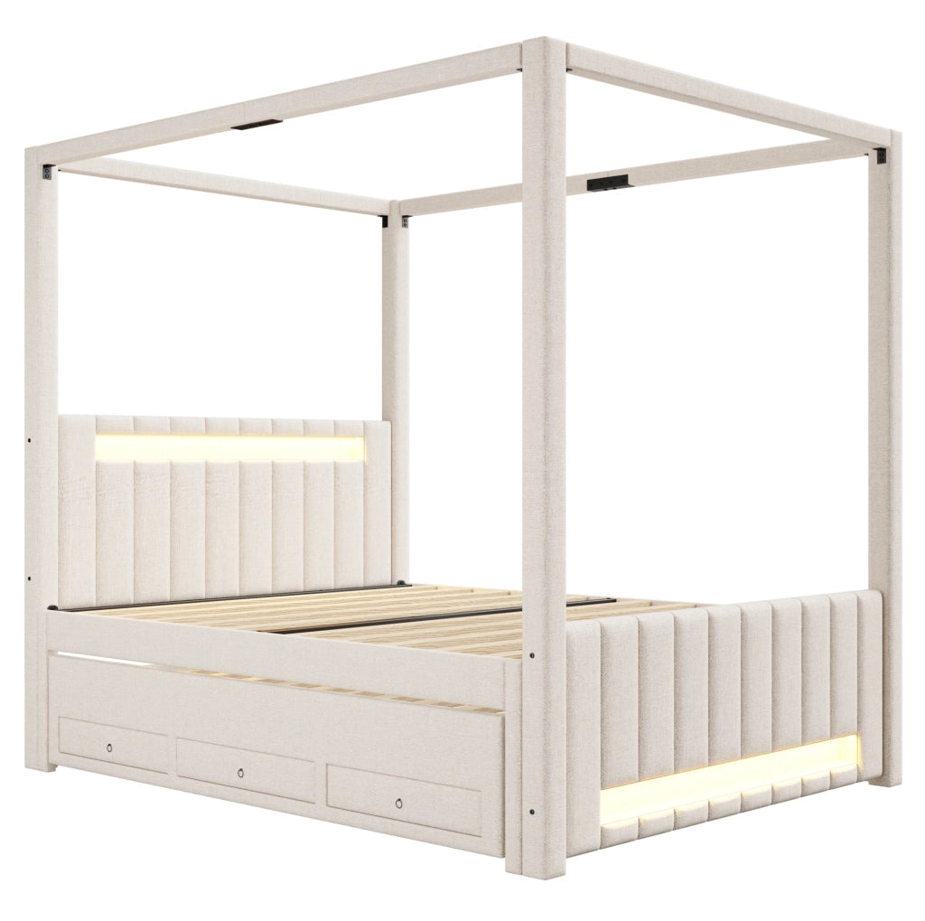 Letto a baldacchino imbottito 140x200 cm con letto estraibile; 3 cassetti; LED; beige