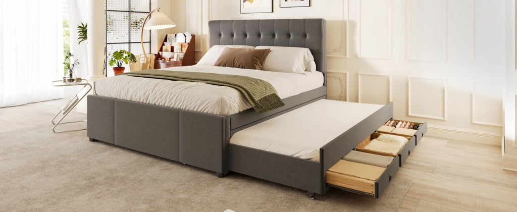 DESMIU Letto con cassetti 140 × 200 cm 2 posti con 3 cassetti e letto estraibile, testiera regolabile, senza materasso, grigio