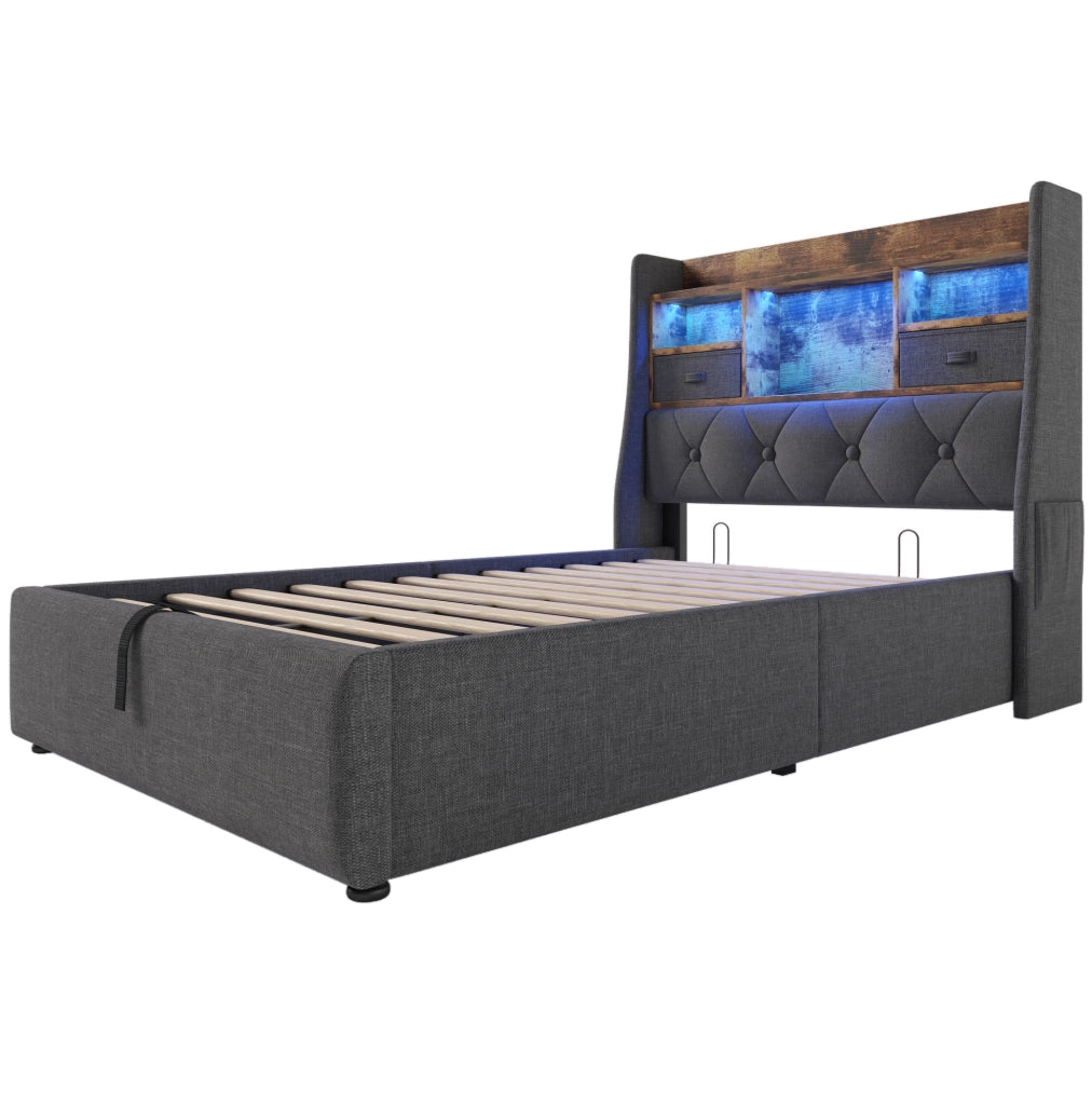 Letto imbottito 90x200 cm con contenitore idraulico; LED e prese USB Type-C; grigio