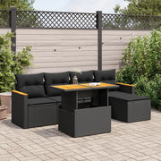 Set Divano da Giardino 6 pz con Cuscini Nero Polyrattan Acacia
