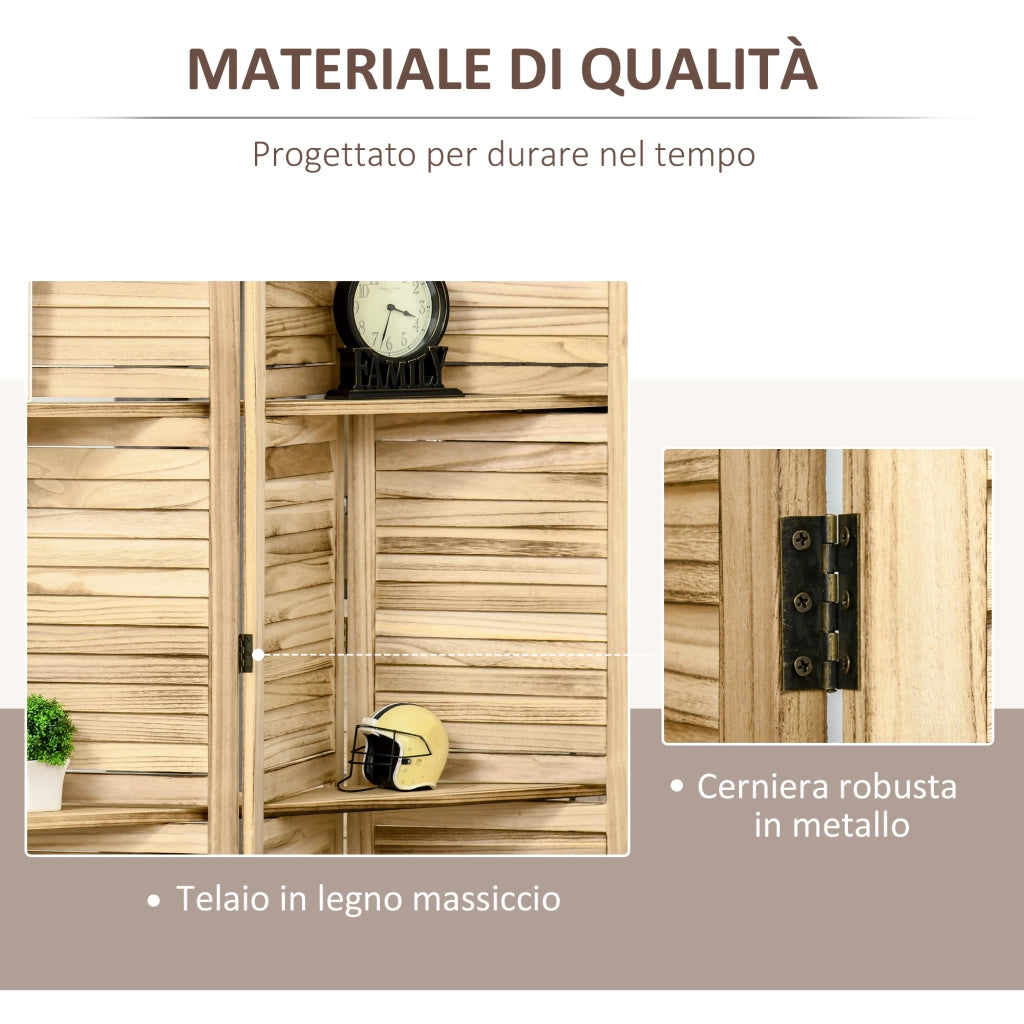 Paravento Divisorio per Interni Pieghevole 162x170 cm a 4 Ante con Ripiani in Legno di Paulonia Legno