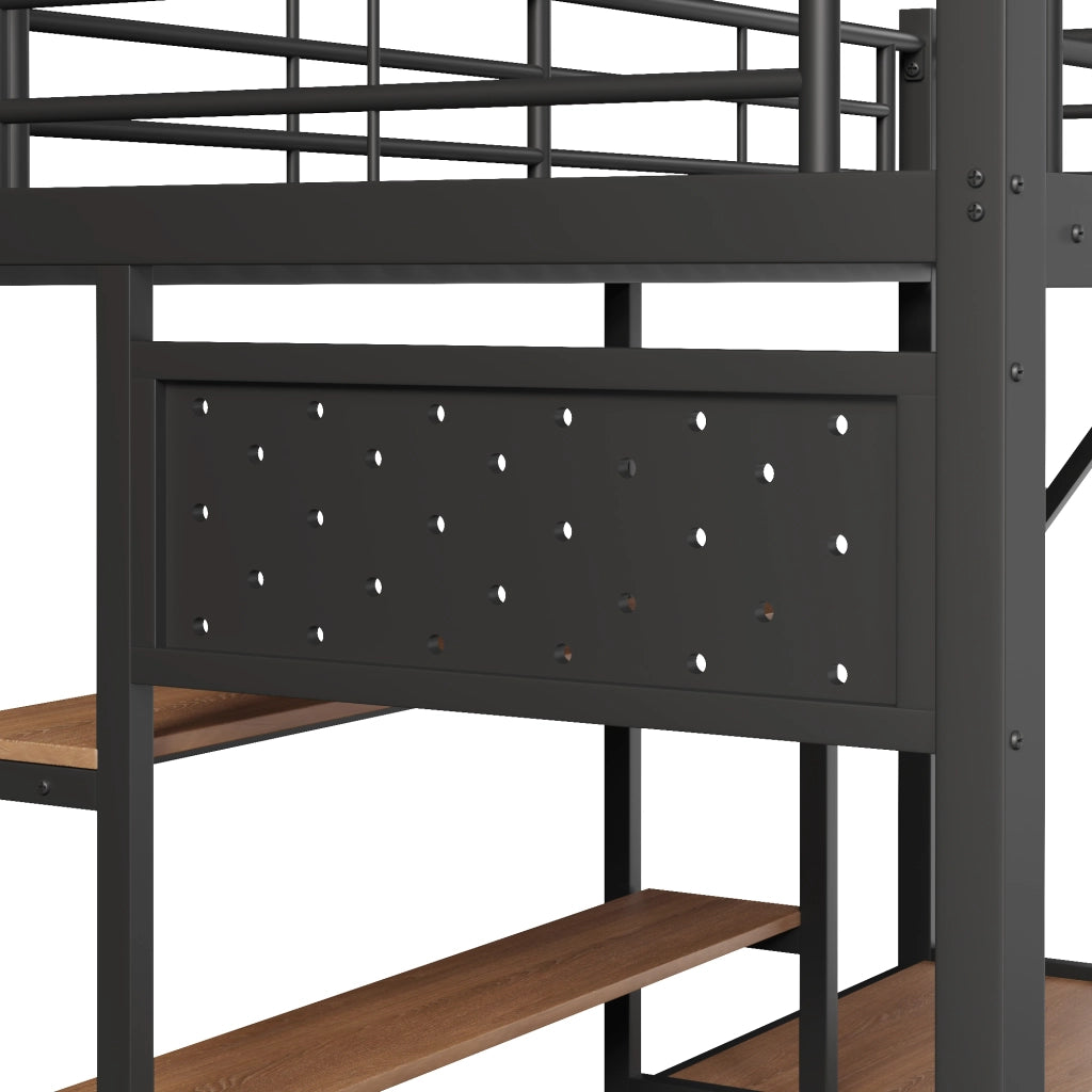 Letto a soppalco 90x200 cm con scrivania; LED e USB in metallo e MDF nero