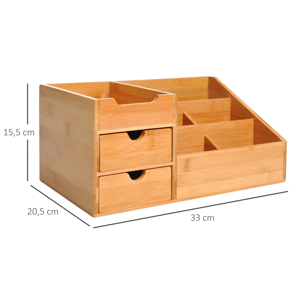 Organizer da scrivania in bambù con 2 cassetti e 7 scomparti, colore naturale, 33 x 20,5 x 15,5 cm