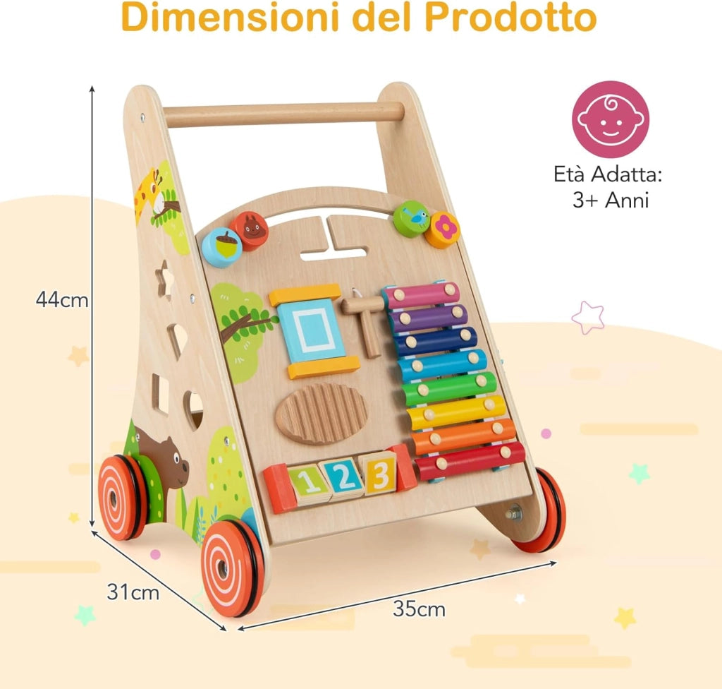 7 in 1 Girello per Bambini in Legno, Carrellino Primi Passi con Manico, Contenitore e Ruote, Giocattolo Montessori da Spingere e Tirare, Gioco Educativo per Bambini 3 + Anni (Modello 2)