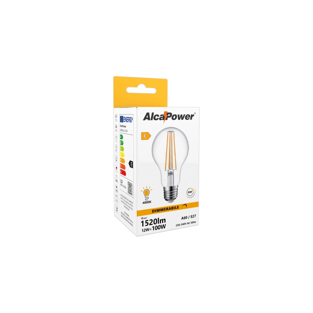 Alcapower Lampadina LED Classica Dimmerabile 12W 1520lm E27 4000K Luce Naturale 320 gradi Ø60x105mm Efficienza Energetica Classe E Alta Luminosità