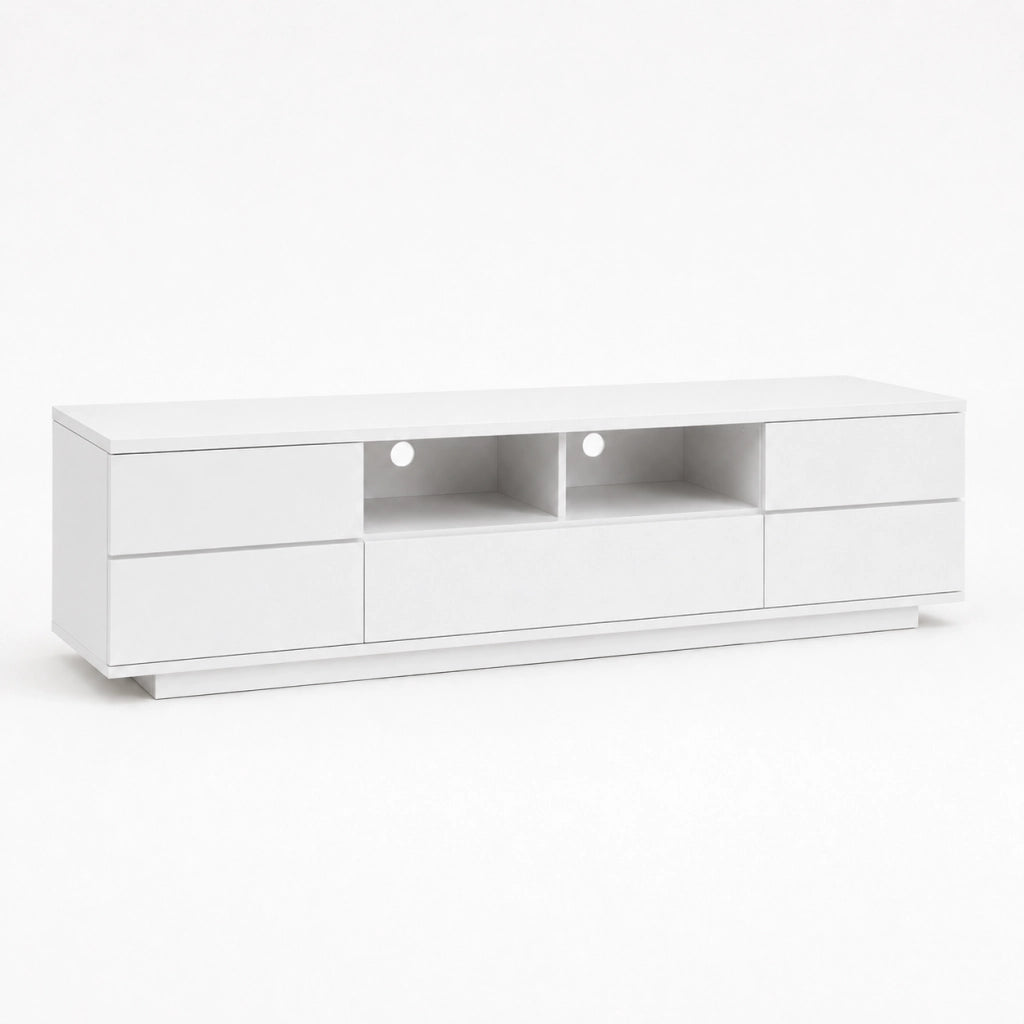 Mobile Televisore Moderno Con 4 Ante 1 Anta A Ribalta 2 Vani A Vista Con Passacavi Per Soggiorno Zona Living Salotto In MDF Resistente 180 x 38 x 46 Cm Bianco