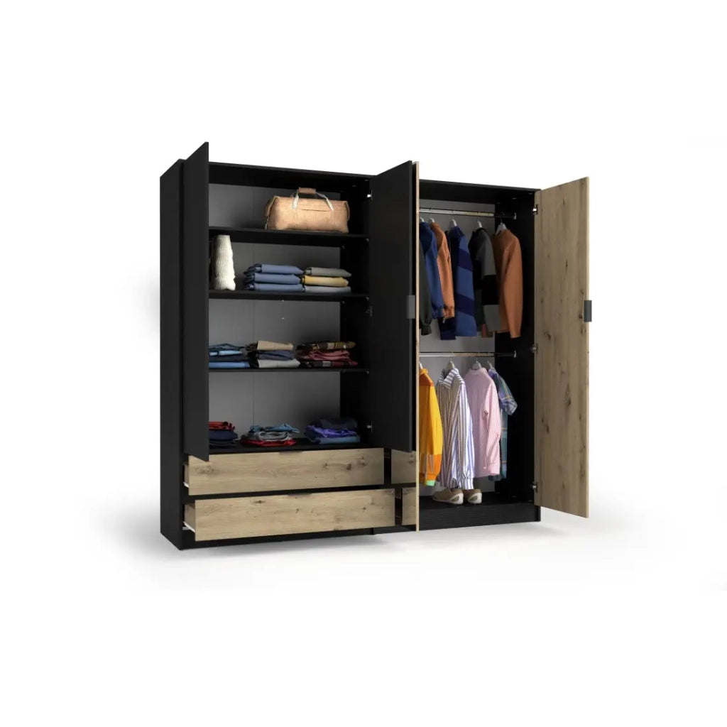 Camera completa MELODY – Letto contenitore 180x200 + armadio + cassettiera + comodini – Nero grafite e rovere chiaro – Materasso non incluso