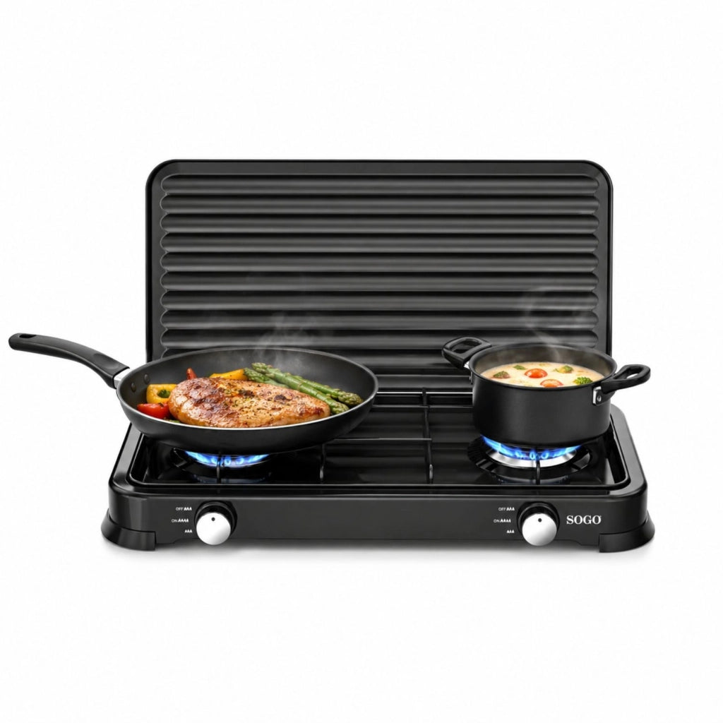 Fornello a gas doppio bruciatore portatile, 2 fuochi 103mm regolabili, potenza 4,4kW per campeggio e outdoor - SOGO