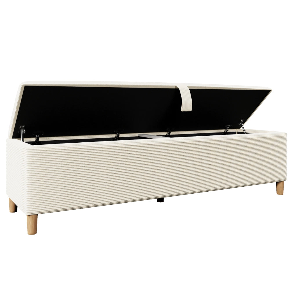 Letto matrimoniale 160x200 cm in legno e corduroy beige con contenitore; LED e panca