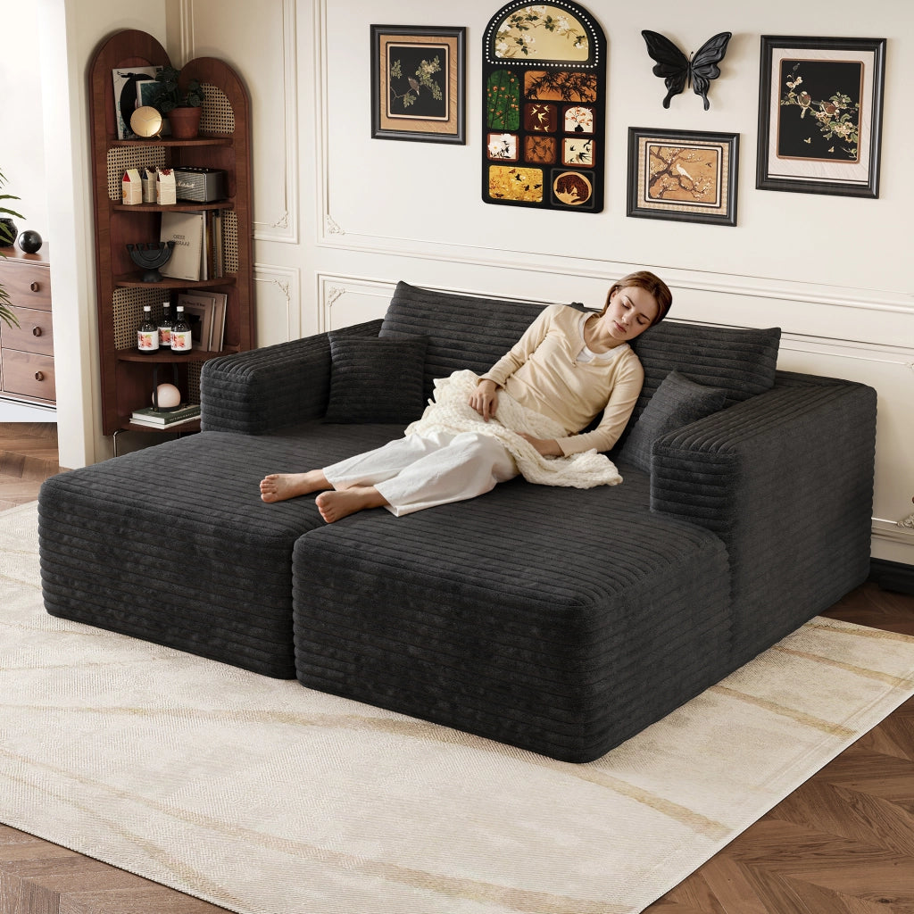 Divano modulare chaise longue senza montaggio salvaspazio per soggiorno e camera in velluto a coste nero