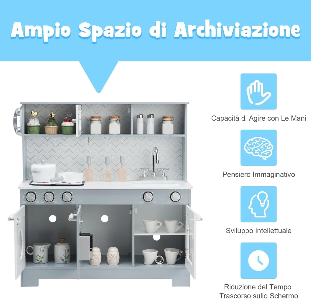 Cucina Giocattolo per Bambini, Cucina per Bambini in Legno con Forno, Microonde, Telefono, Distributore d'Acqua, Lavello e Rubinetto, con Luci e Suoni Realistici, per bambini 3+ Anni