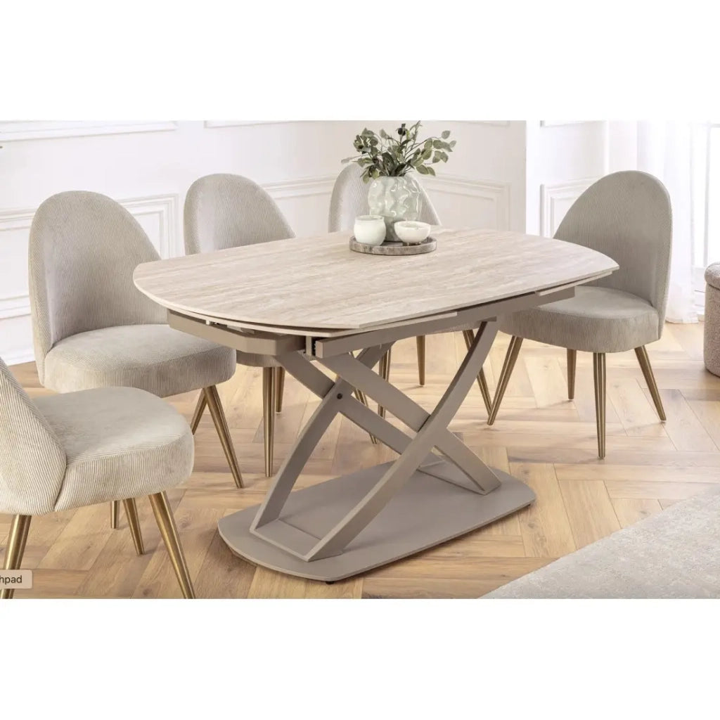 Table ATONIA – Ovale extensible de 130 à 190 cm – Piano in ceramica effetto marmo beige – Gambe in metallo – Stile moderno