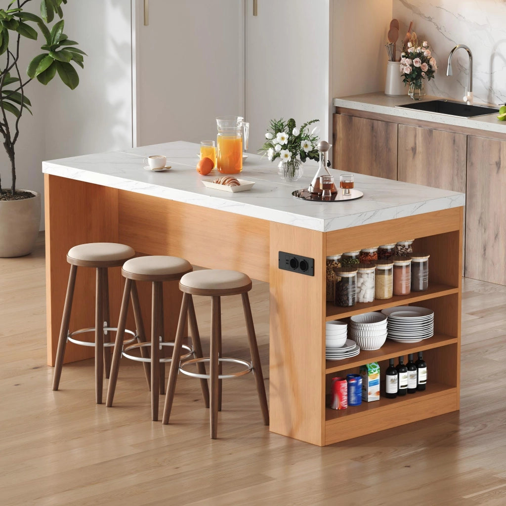 Isola cucina moderna 155x80x90 cm con LED, prese AC+USB, piano spesso 40 mm, MDF naturale/bianco