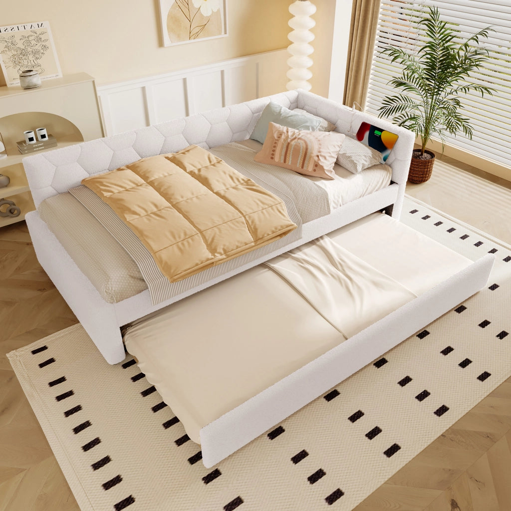 OKWISH Letto a Divano 90×200 cm, Letto Singolo con Letto Estraibile, USB, Tipo C e Lampada, senza Materasso, in Velluto, Bianco