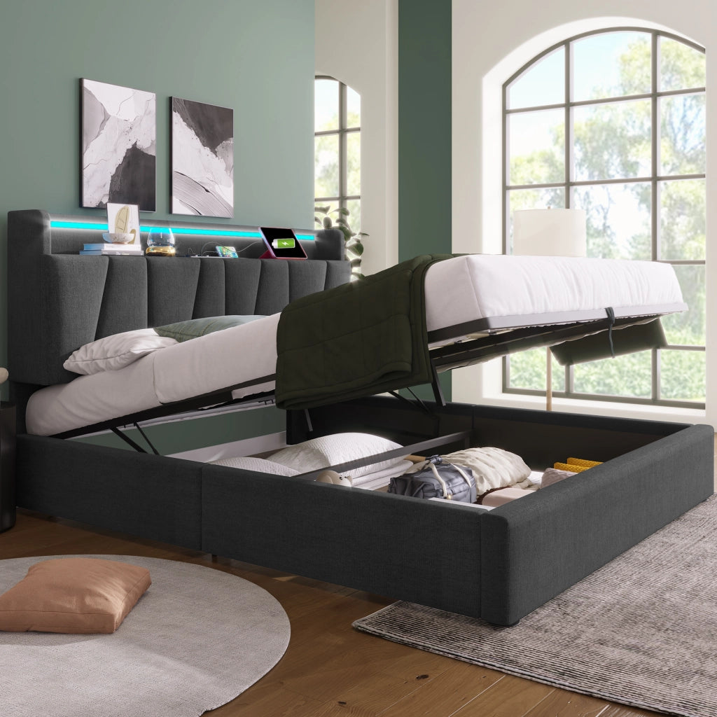 OKWISH Letto Contenitore 140×190 cm, Letto Matrimoniale con Testiera Contenitore, USB, Tipo C, LED Regolabile e senza Materasso, Lino, Grigio