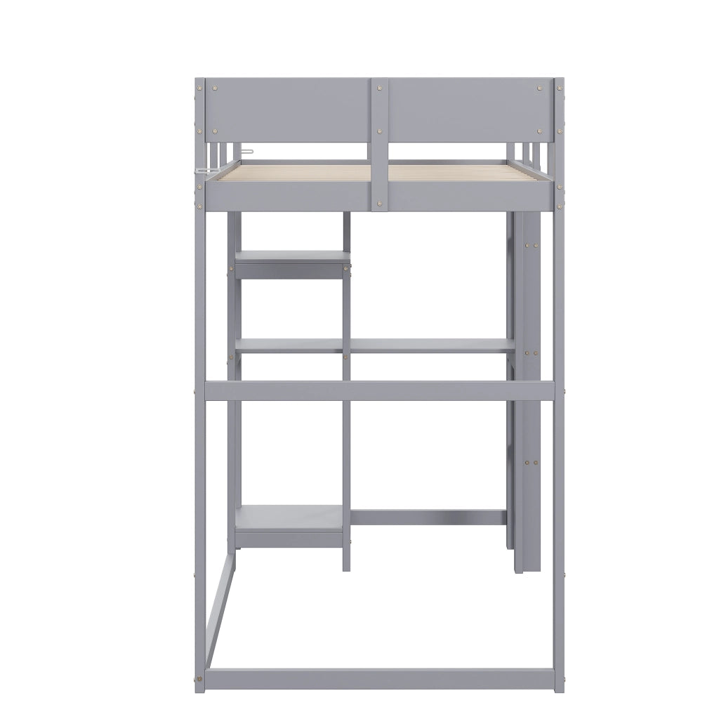 Letto a soppalco per bambini 90 × 200 cm con ripiano e barriere di sicurezza, senza materasso, in legno grigio