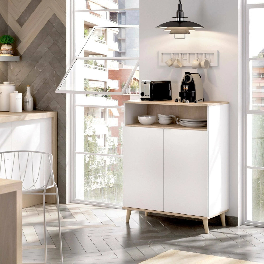 Credenza Altai, Buffet dispensa da soggiorno, Madia da salotto moderna a 2 ante, 80x40h102 cm, Bianco e Rovere