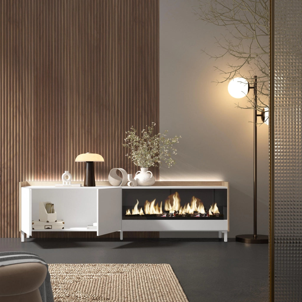 Mobile TV Soggiorno, 212x61x35 cm, Per TV fino a 80", Camino elettrico XXL, Design industriale, LED, Bianco e Rovere soft