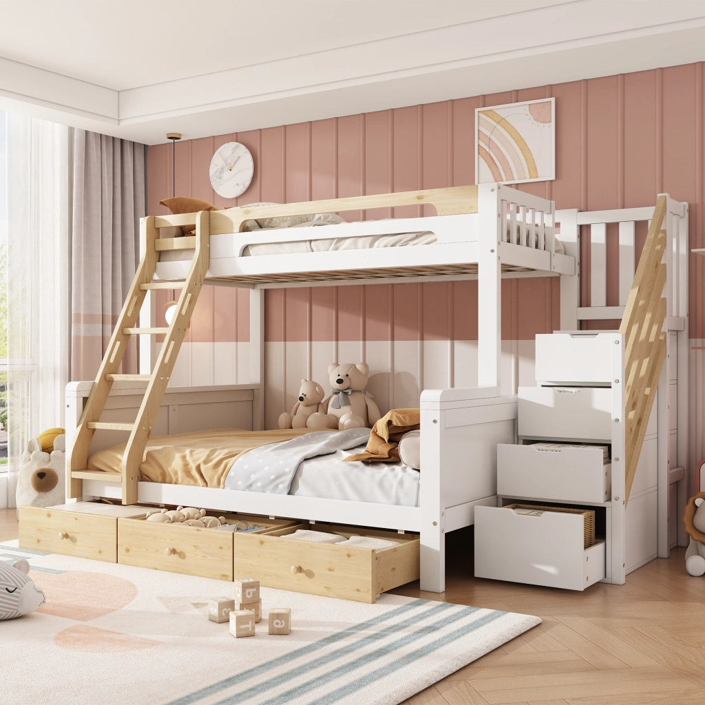 Letto a Castello 90x200 cm e 140x200 cm con Scaletta; 3 Cassetti; Bianco e Naturale