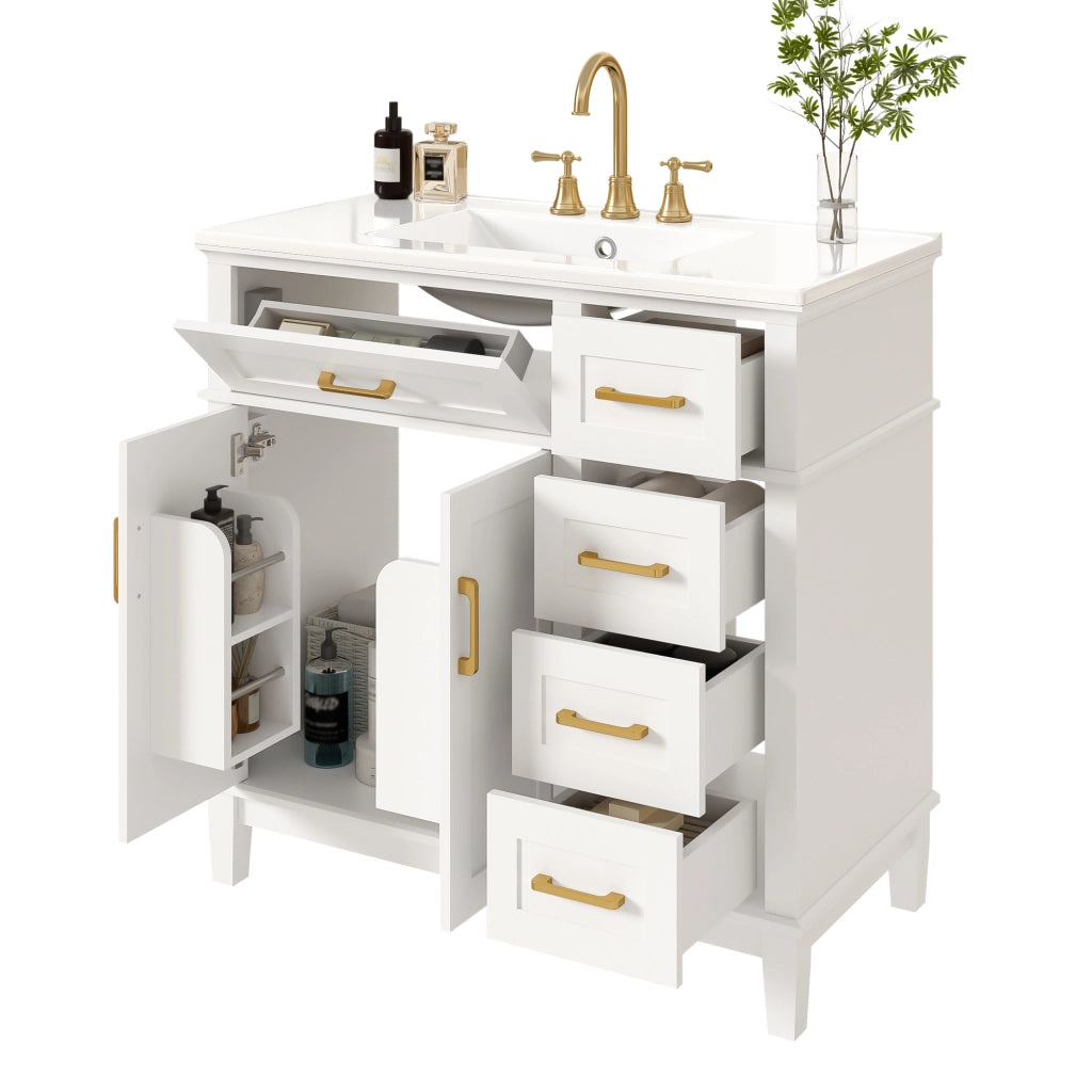 Mobile bagno freestanding bianco 90x46x87 cm con lavabo in ceramica, 4 cassetti, armadietto a doppia anta e finiture oro