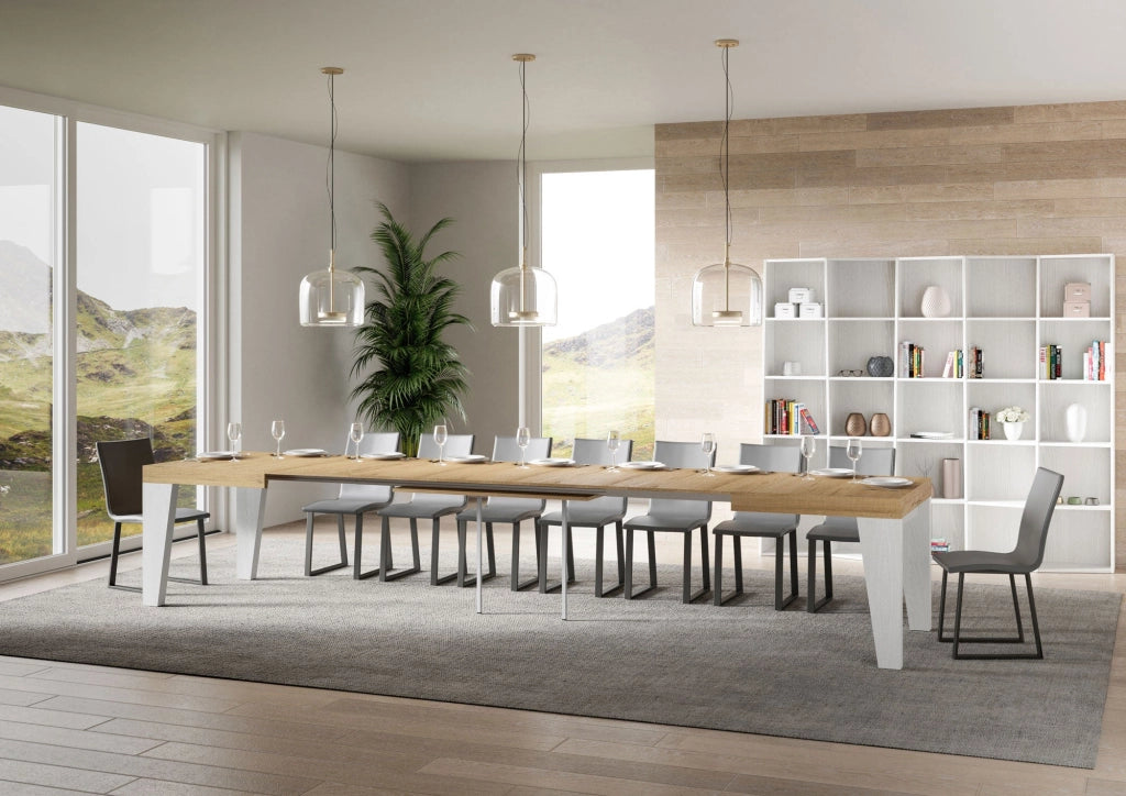 Tavolo Allungabile 130/390x90x77 cm Naxy Mix piano Quercia Natura gambe Bianco Frassino