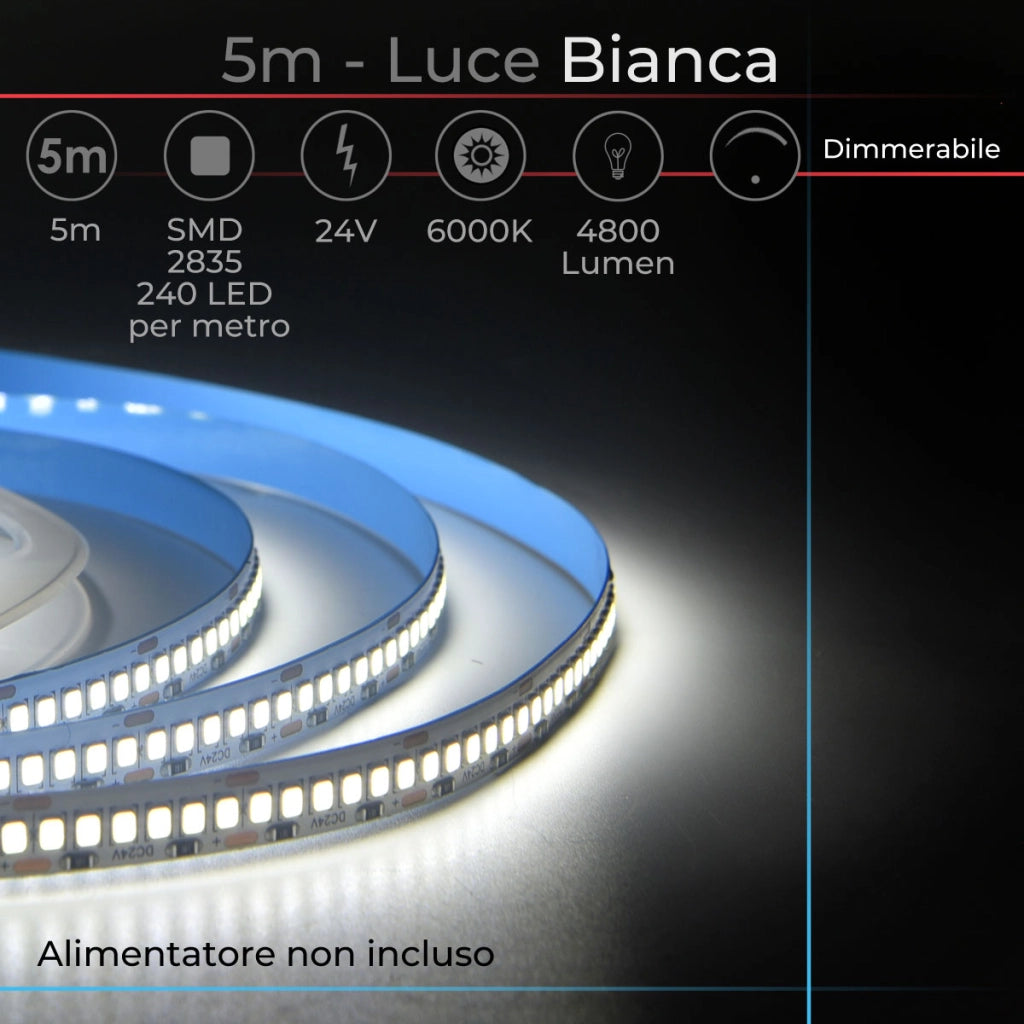 STRISCIA 24V IP20 240 LED/MT LUCE BIANCA 6000K - ALTA LUMINOSITA' FACILE INSTALLAZIONE CON BIADESIVO 3M