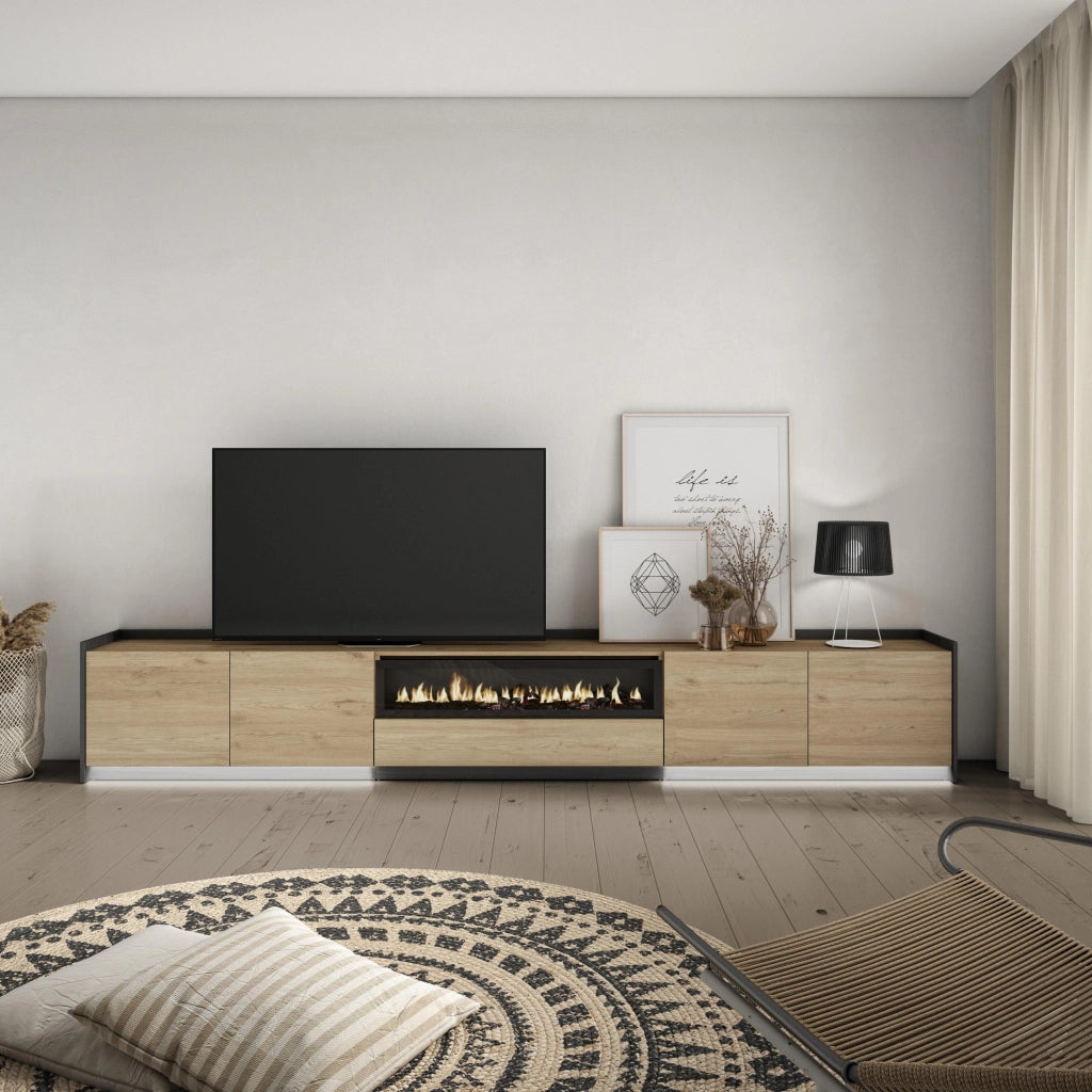 Mobile TV Soggiorno, 310x50x37 cm, Per TV fino a 80", Camino elettrico, LED, Rovere e nero