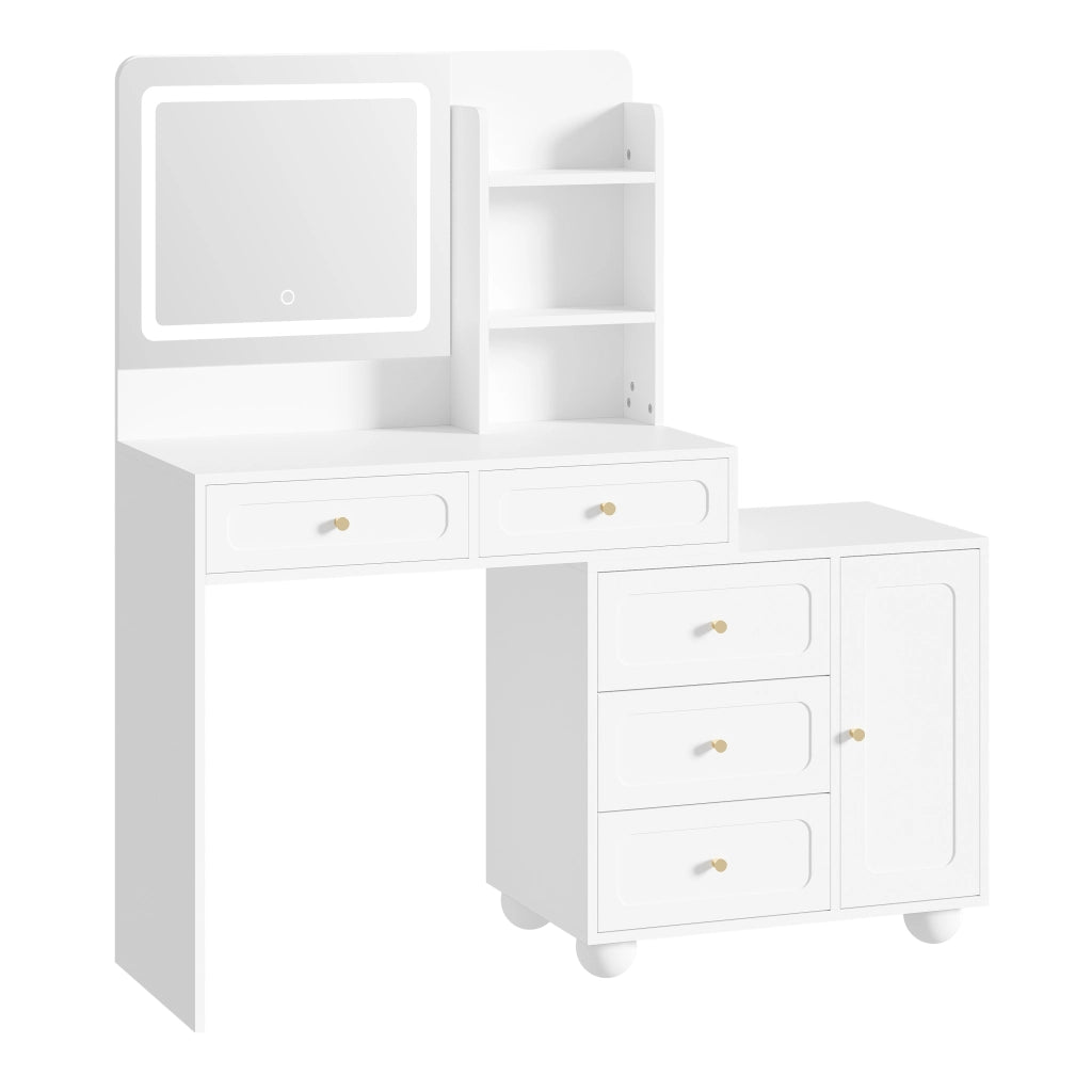 Toeletta con 5 cassetti; 1 anta e 3 ripiani; specchio LED - per camera da letto - in MDF e bambù - bianco - 80×39.8×127 cm