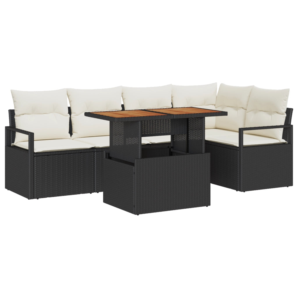 Set Divano da Giardino 6 Pezzi con Cuscini Nero Rattan Polietilene Acacia