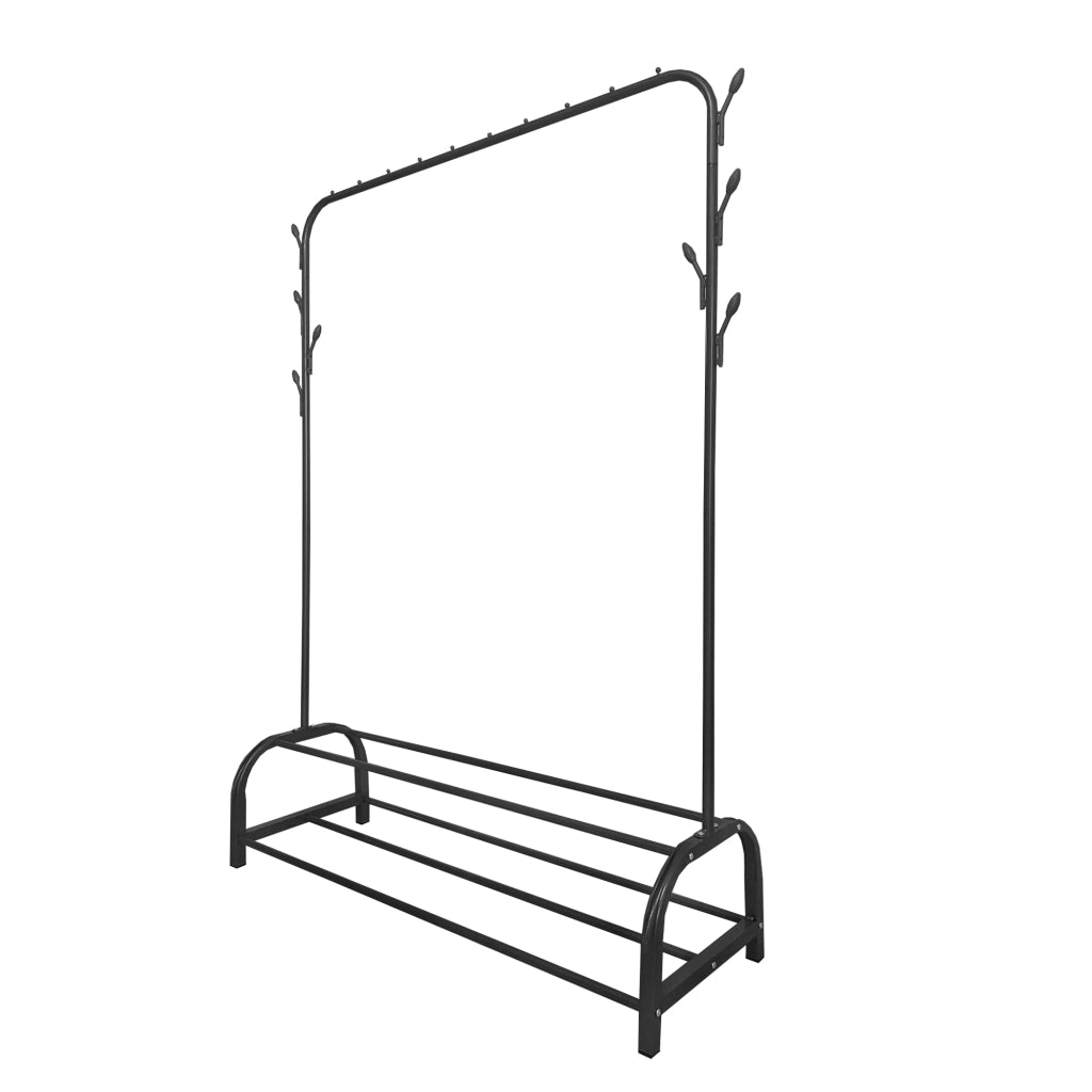 Appendiabiti Donkey Premium Rack a 2 supporti Nyana Home 158x110x39 cm, 1 barra appendiabiti, 8 ganci laterali, 2 ripiani inferiori Nero.