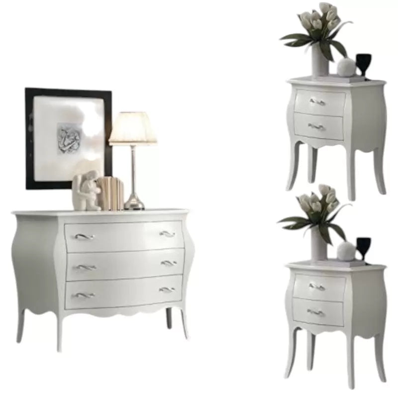 Gruppo 1 cassettiera 2 comodini bombati legno shabby bianco maniglia cromata - Mobili 2G