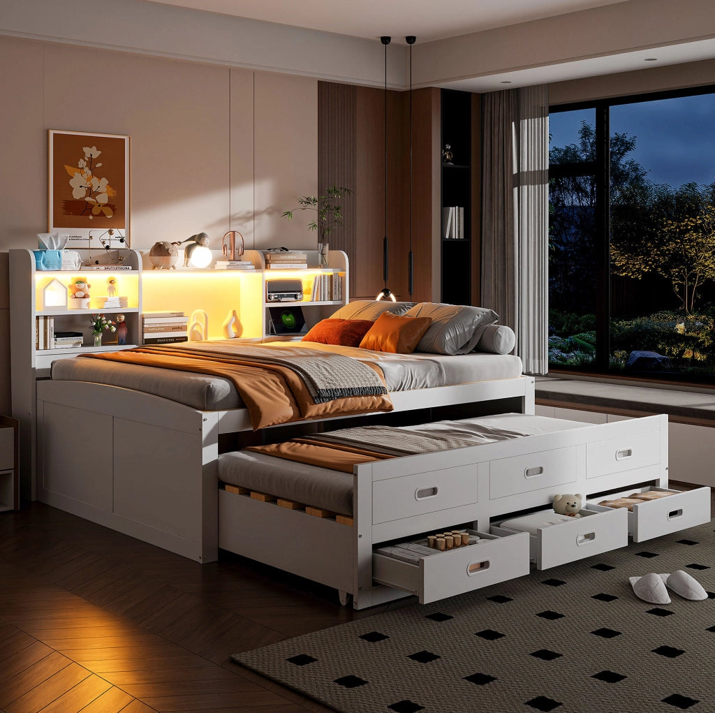 Letto estraibile 140x200 cm con LED, cassetti e USB-C