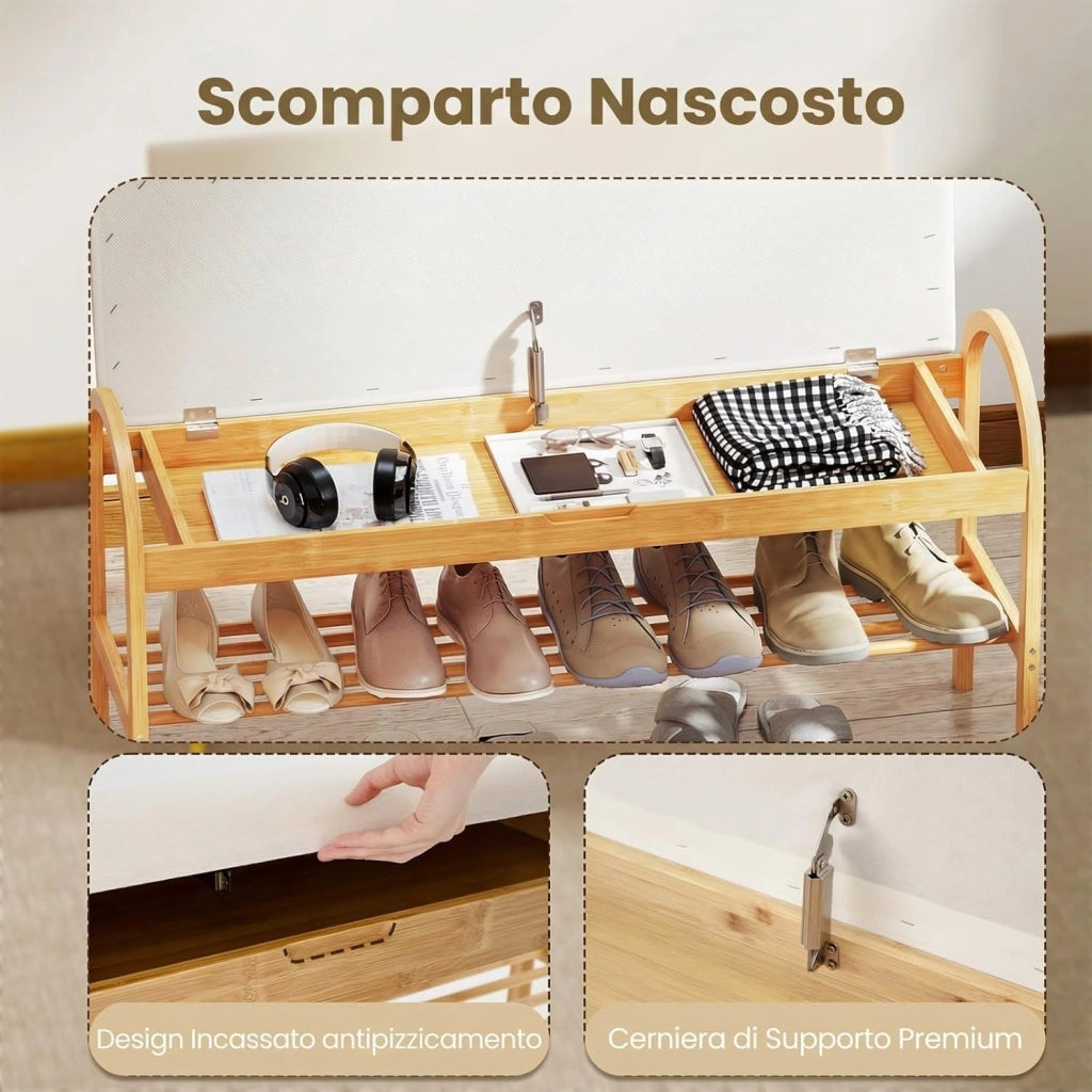 Scarpiera con Cuscino, Panca Porta Scarpe con Coperchio Imbottito a Ribalta, Scomparto Nascosto, Panca Imbottita per Ingresso Corridoio Camera da Letto, 101 x 31 x 51 cm (Beige)