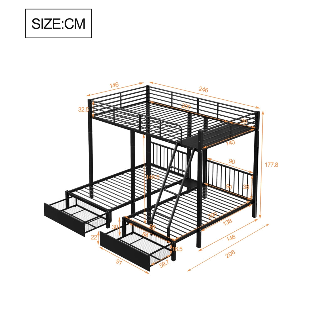 Letto a castello triplo 140x200 e 2x90x200 cm separabile in metallo nero