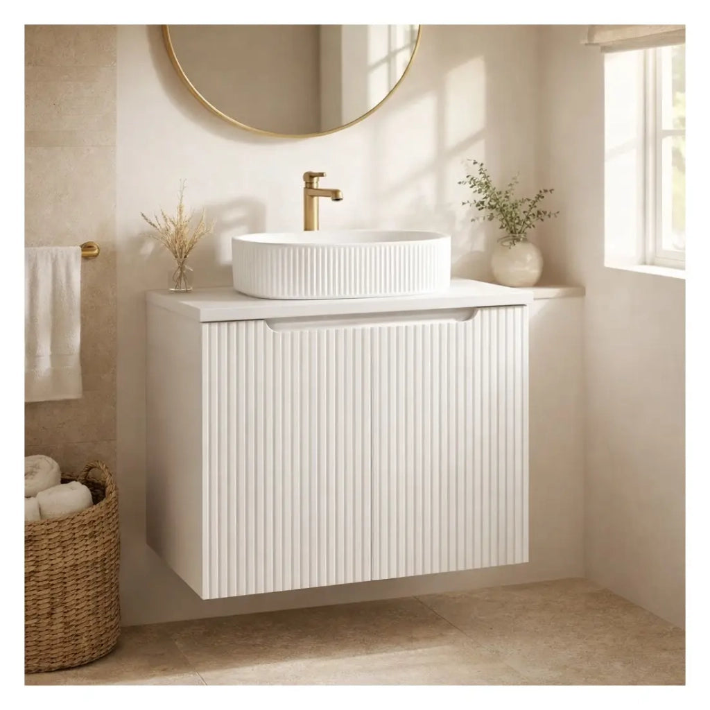 Ensemble VANO bianco 60cm: mobile sottolavabo con ante + piano per lavabo bianco + lavabo da appoggio scanalato bianco