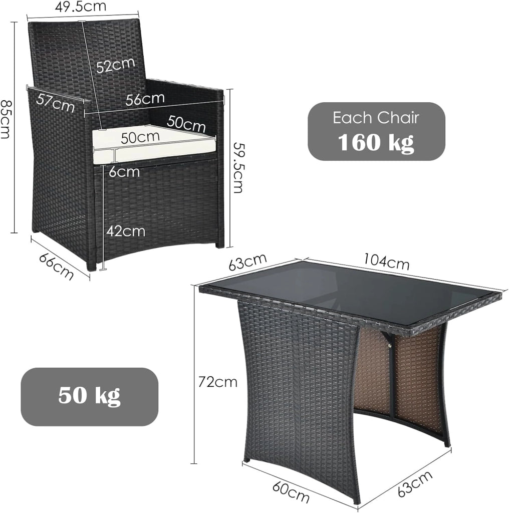 Set di Mobili da Giardino in Rattan,Tavolo da Pranzo con 2 Sedie, Set di Mobili da Balcone in Rattan per 2 Persone, Set da Balcone Salvaspazio